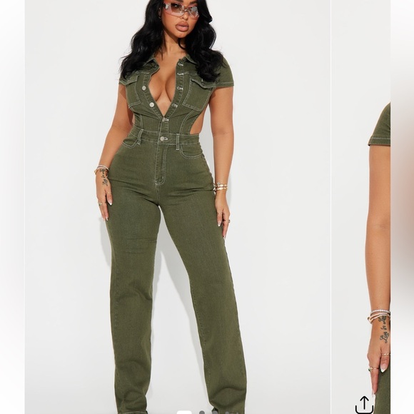 Fashion Nova Pants - Kamaria Denim Jumpsuit - Olive Green Jumpsuit